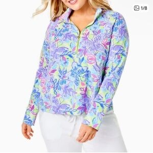 Lilly Pulitzer Melena Popover 1/4-Zip Women's L Dew Drop Stay Fly Green/ Purple